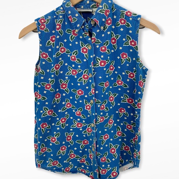 Vintage Tops - VTG 90’s Arizona Jeans Denim Floral Sleeveless Top